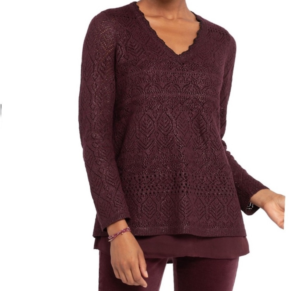 NIC+ZOE Burgundy Metallic Crochet V-Neck Split Back‎ Sweater Petite PP